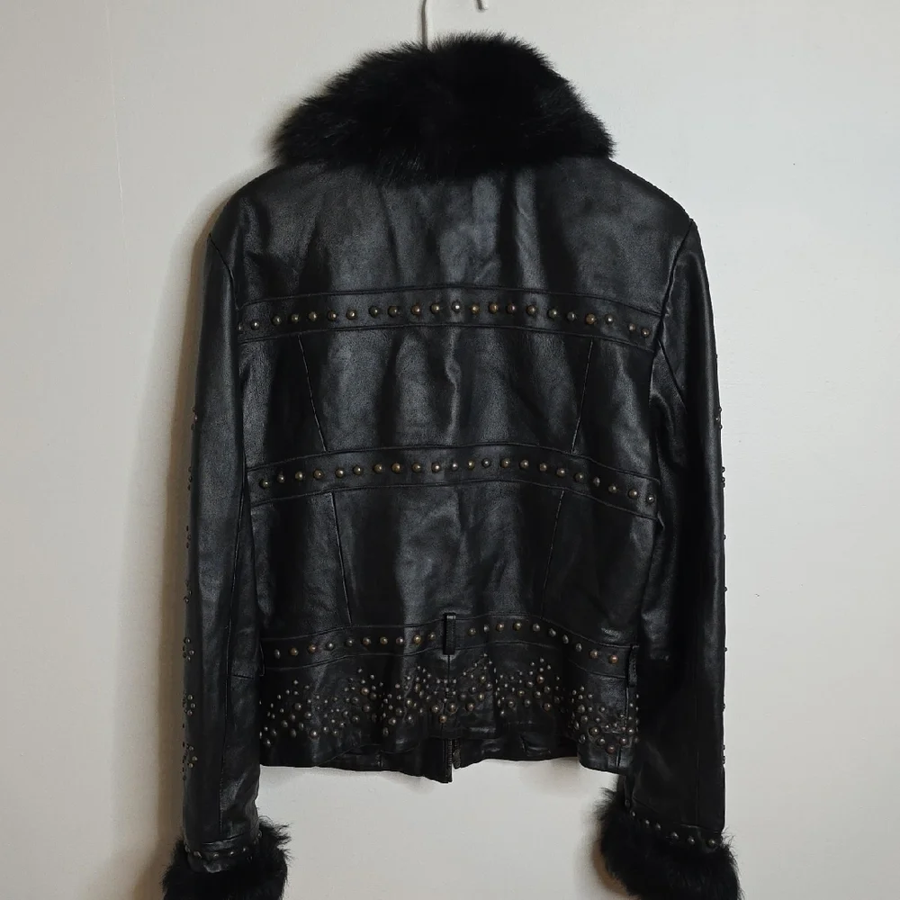Cache Vintage Black Leather Jacket with Studs and Fur Sz 12 - Picture 6 of 14